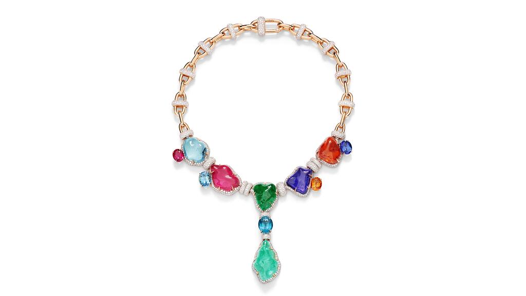 The “Baroco” necklace features a 33.87-carat Paraíba tourmaline, mandarin garnets totaling 38.23 carats, tsavorites totaling 31.01 carats, rubellites totaling 30.34 carats, aquamarines totaling 27.93 carats, tanzanites totaling 22.60 carats, and a 9.67-carat light blue zircon set on white rhodium-plated rose gold with highlights of pavé diamonds totaling 16.12 carats. Baroco Necklace
